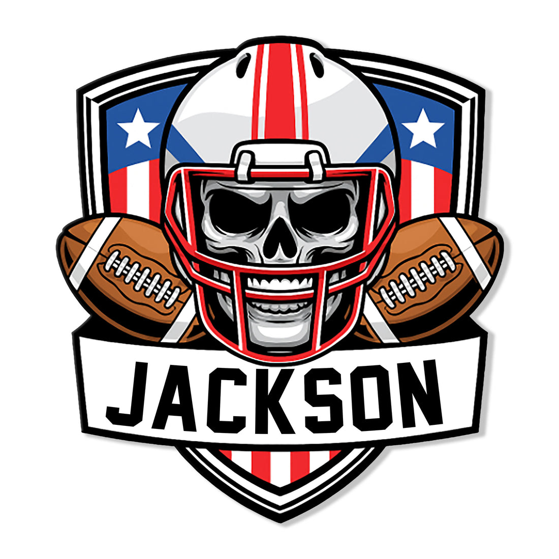 Custom football metal sign featuring a skull in a helmet, crossed footballs, and bold patriotic colors