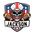 Custom football metal sign featuring a skull in a helmet, crossed footballs, and bold patriotic colors