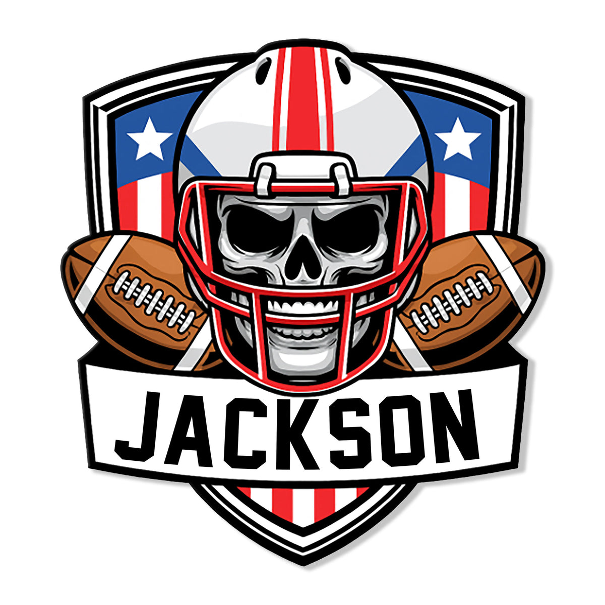 Custom football metal sign featuring a skull in a helmet, crossed footballs, and bold patriotic colors