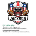 Football skull helmet metal sign shown with a product feature infographic and bold sports artwork