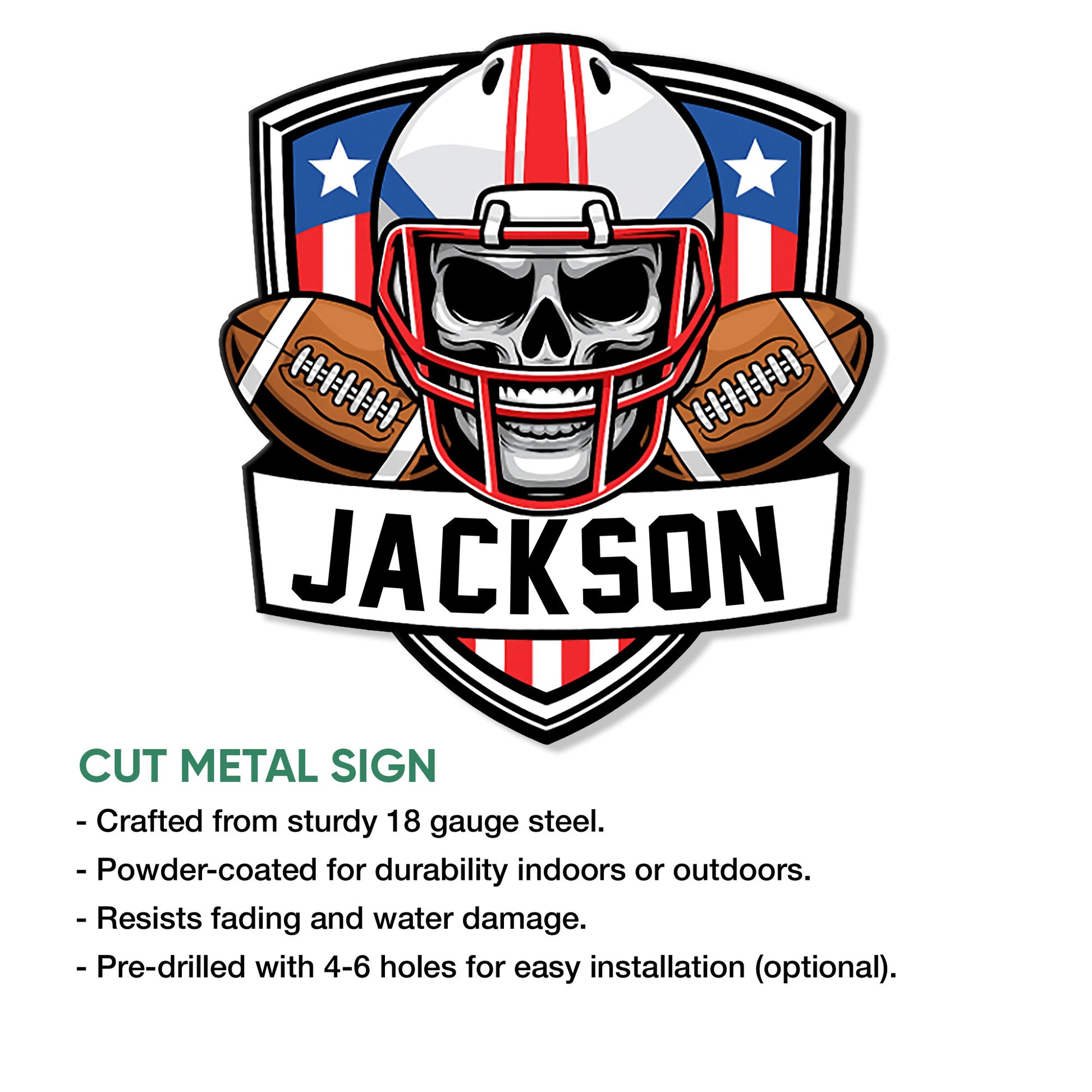 Football skull helmet metal sign shown with a product feature infographic and bold sports artwork