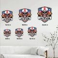 Football skull helmet metal sign size guide showing available wall decor sizes from 8 by 8 to 24 by 24 inches
