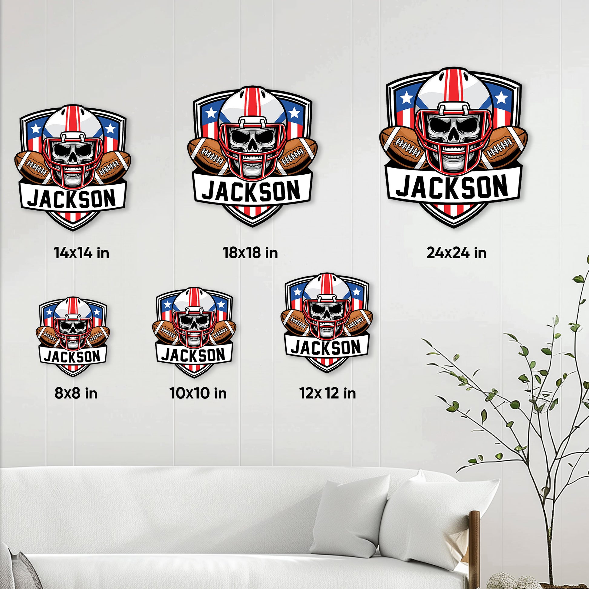 Football skull helmet metal sign size guide showing available wall decor sizes from 8 by 8 to 24 by 24 inches