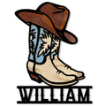 Colorful cowboy boot and hat metal sign featuring bold Western styling