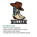 Cowboy boot metal sign product guide showing the cut-steel design and display features