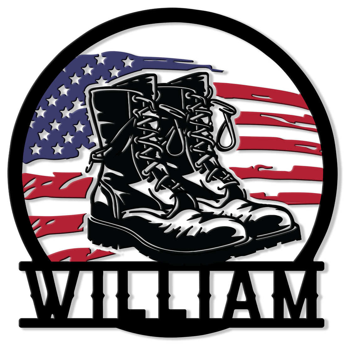 Custom veteran metal sign featuring combat boots against a distressed American flag in a bold round design