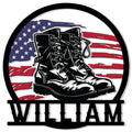Custom veteran metal sign featuring combat boots against a distressed American flag in a bold round design
