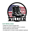 Veteran cut metal sign featuring combat boots, an American flag backdrop, and a bold circular silhouette