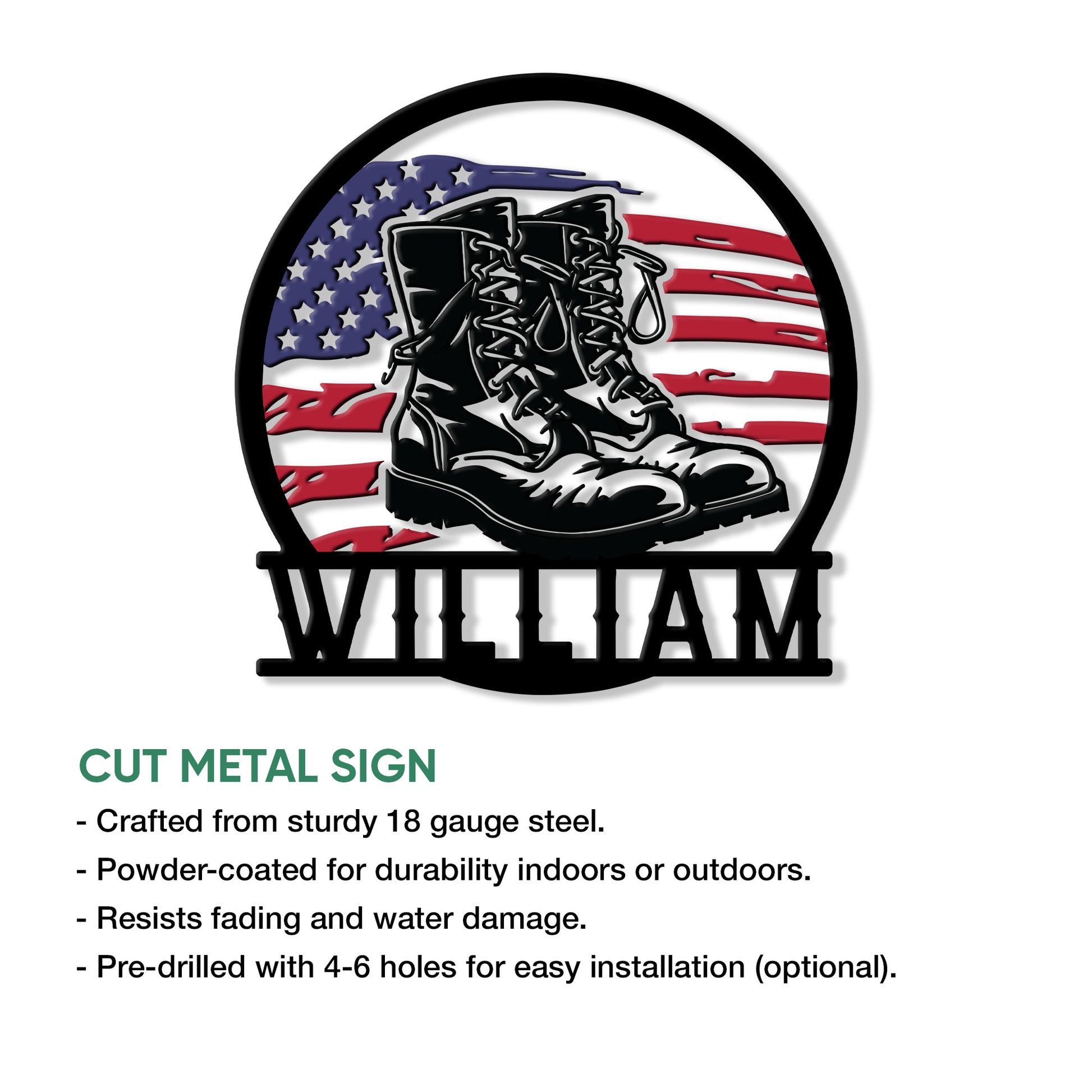 Veteran cut metal sign featuring combat boots, an American flag backdrop, and a bold circular silhouette