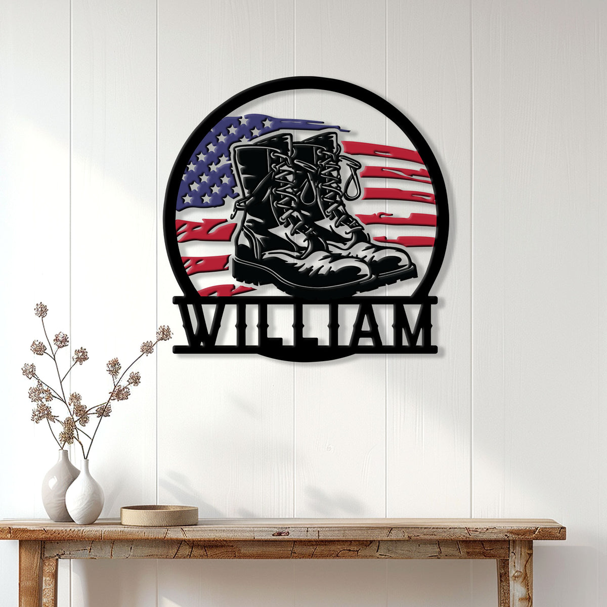 Veteran metal wall sign displayed on a white paneled wall with combat boots and American flag artwork