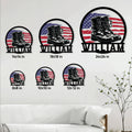 Veteran metal sign size guide showing the combat boot and American flag design in multiple square sizes