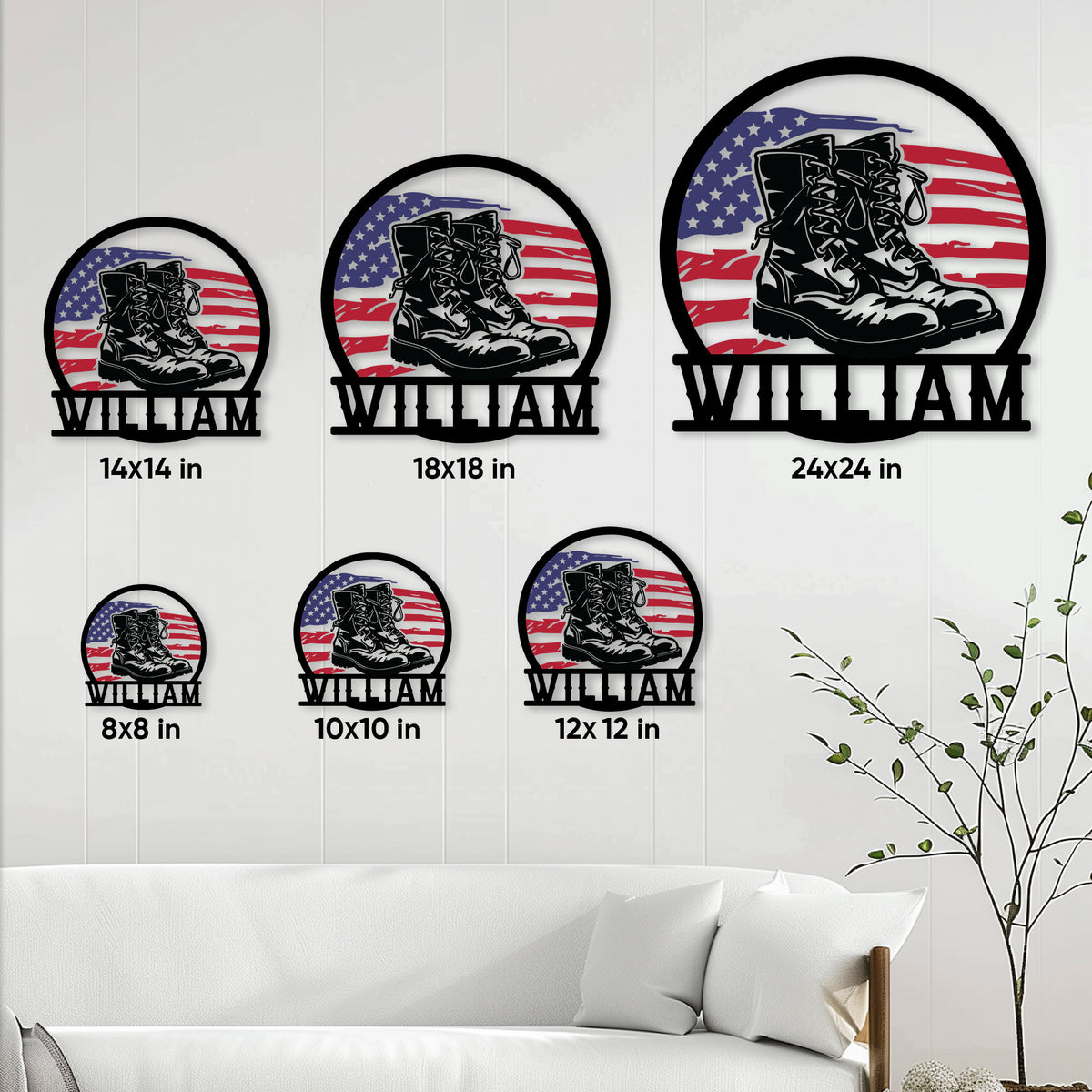 Veteran metal sign size guide showing the combat boot and American flag design in multiple square sizes