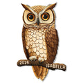 Detailed brown owl metal sign featuring a realistic perched owl with layered feathers and large golden eyes