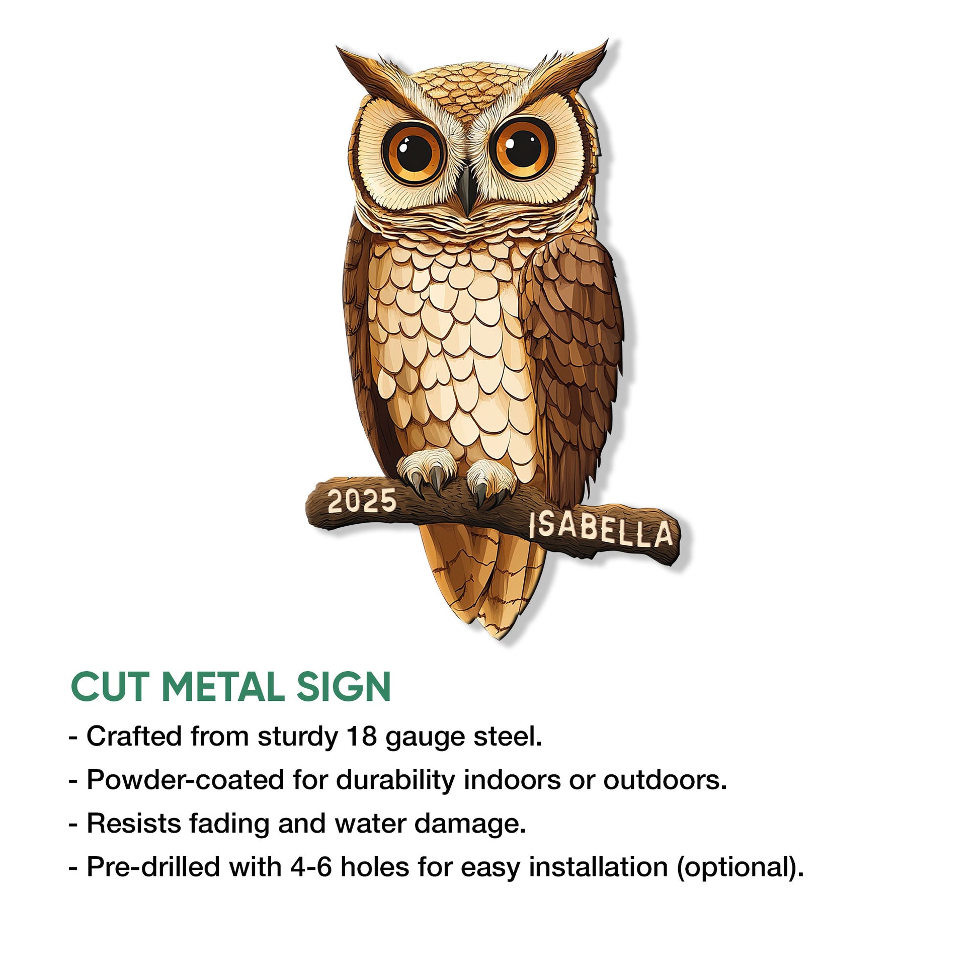 Owl metal sign feature graphic showing a cut-metal design with indoor and outdoor decor use details