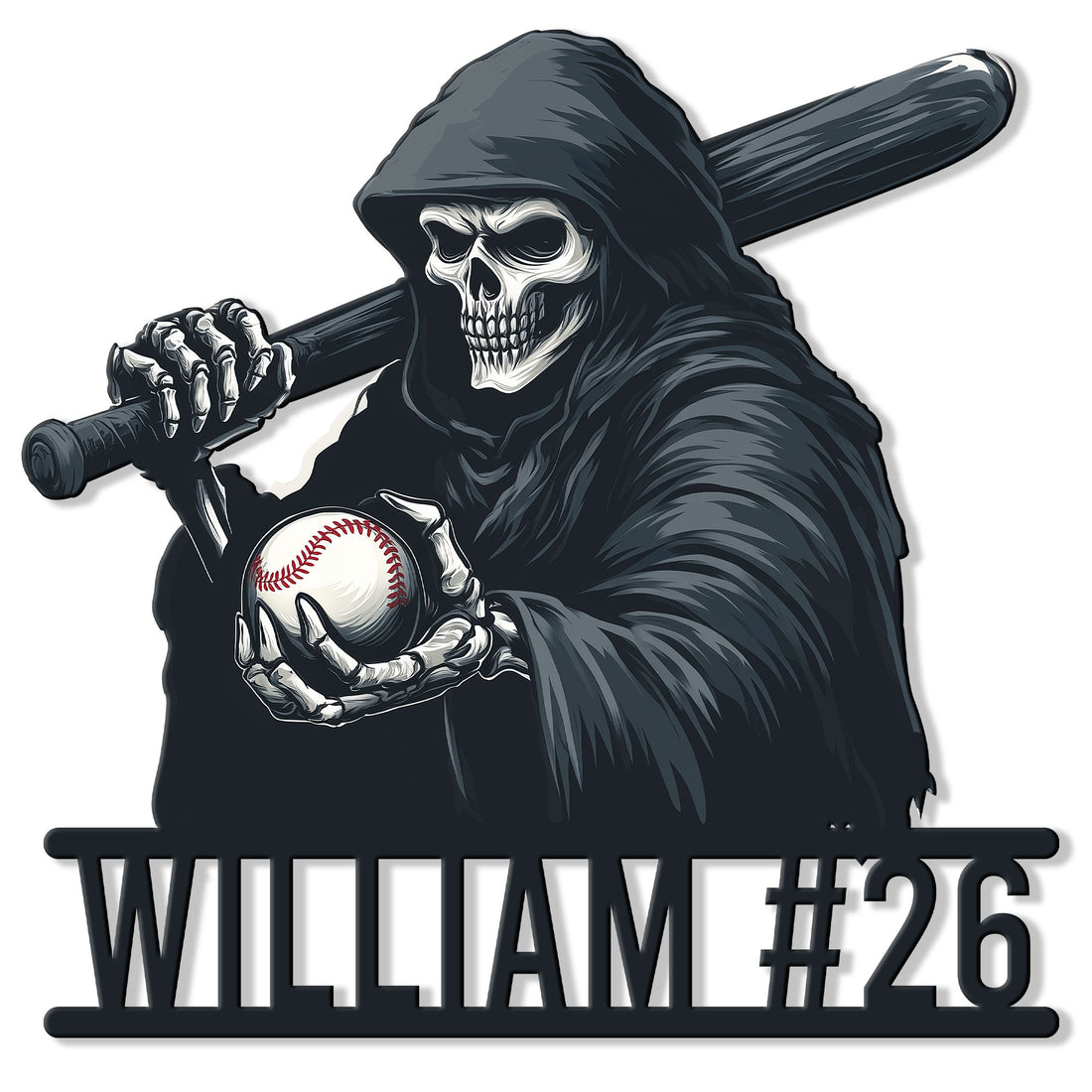 Baseball metal sign featuring a hooded skeleton gripping a bat and holding a baseball