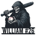 Baseball metal sign featuring a hooded skeleton gripping a bat and holding a baseball