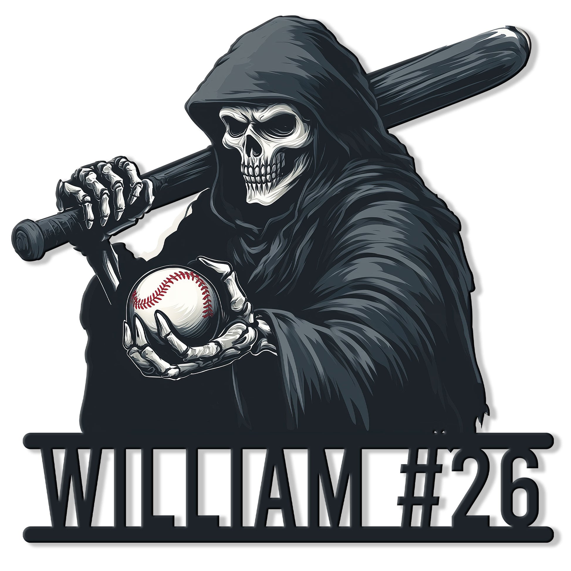 Baseball metal sign featuring a hooded skeleton gripping a bat and holding a baseball