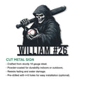 Baseball grim reaper metal sign shown in a cut-metal product feature graphic