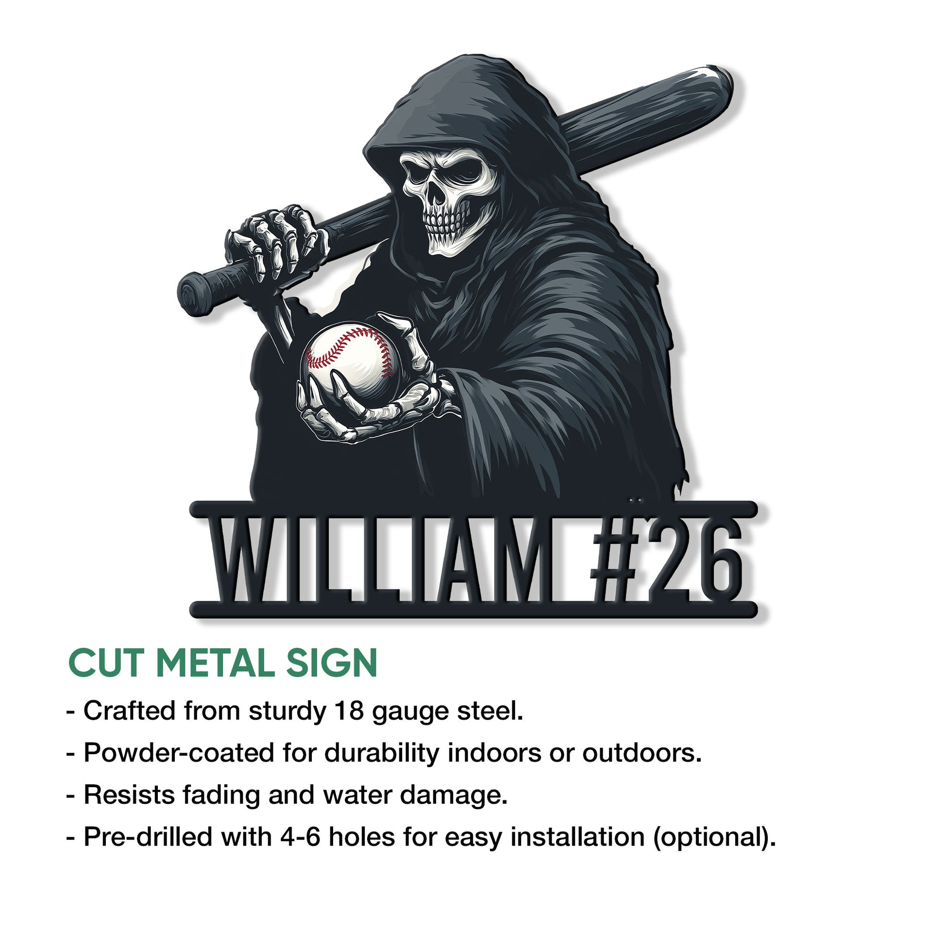 Baseball grim reaper metal sign shown in a cut-metal product feature graphic