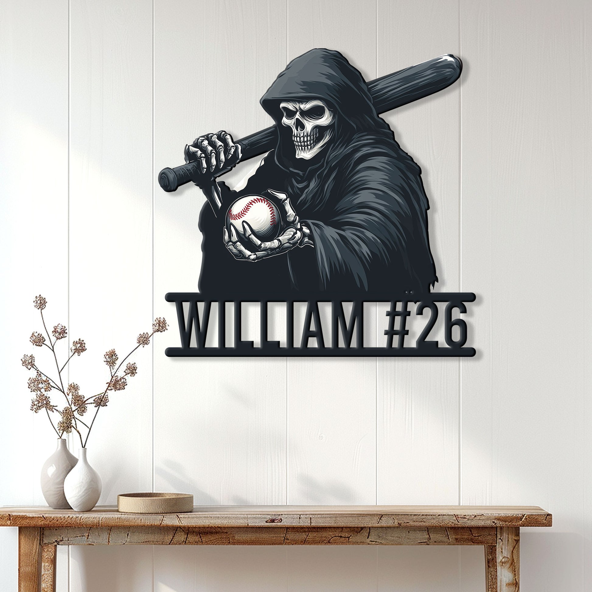 Grim reaper baseball metal sign displayed as bold wall decor in a bright home entryway