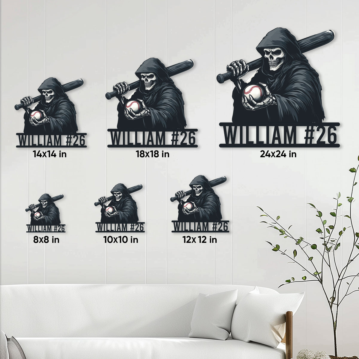 Baseball metal sign size guide showing multiple available square size options on a wall
