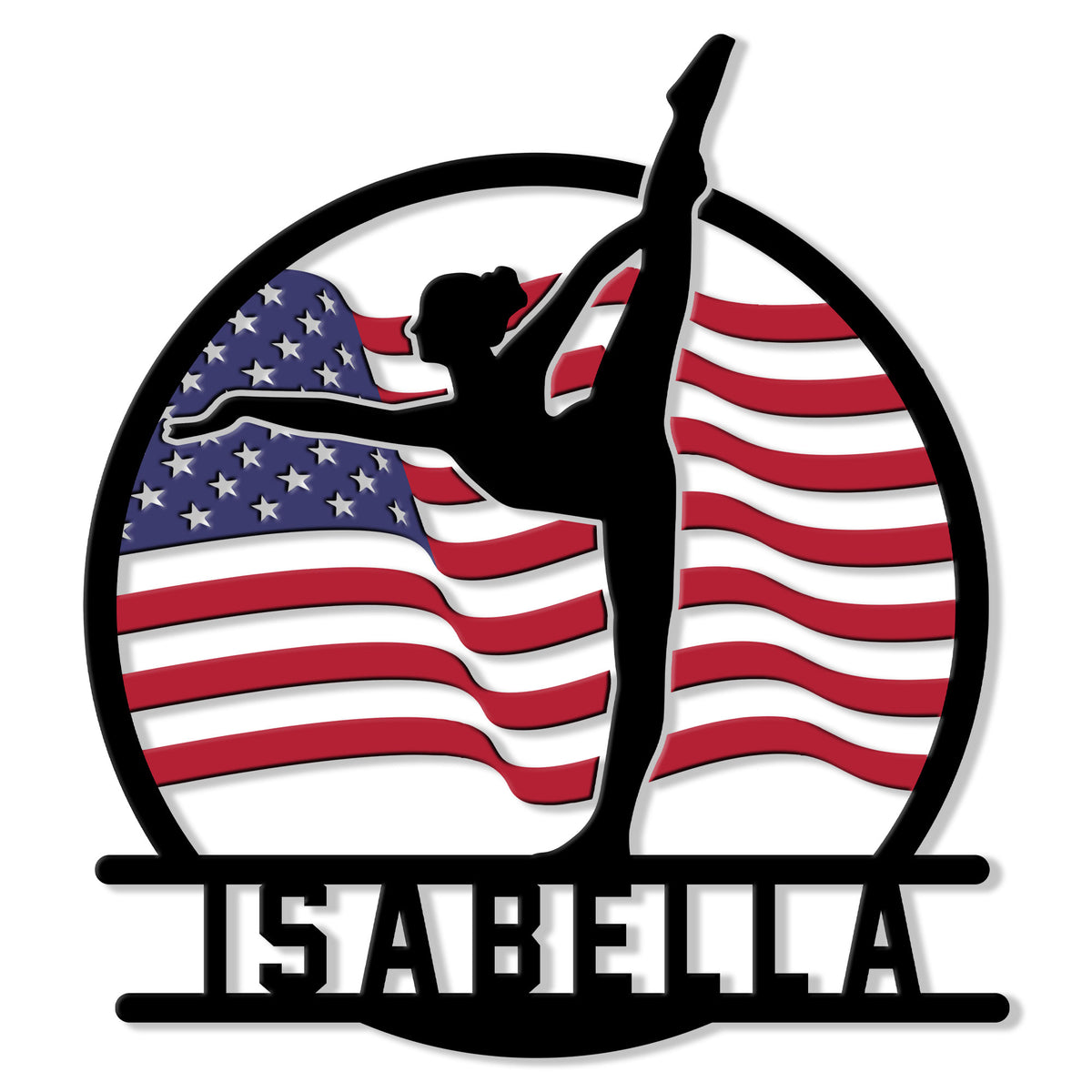 Patriotic gymnastics metal sign featuring a black gymnast silhouette over an American flag design
