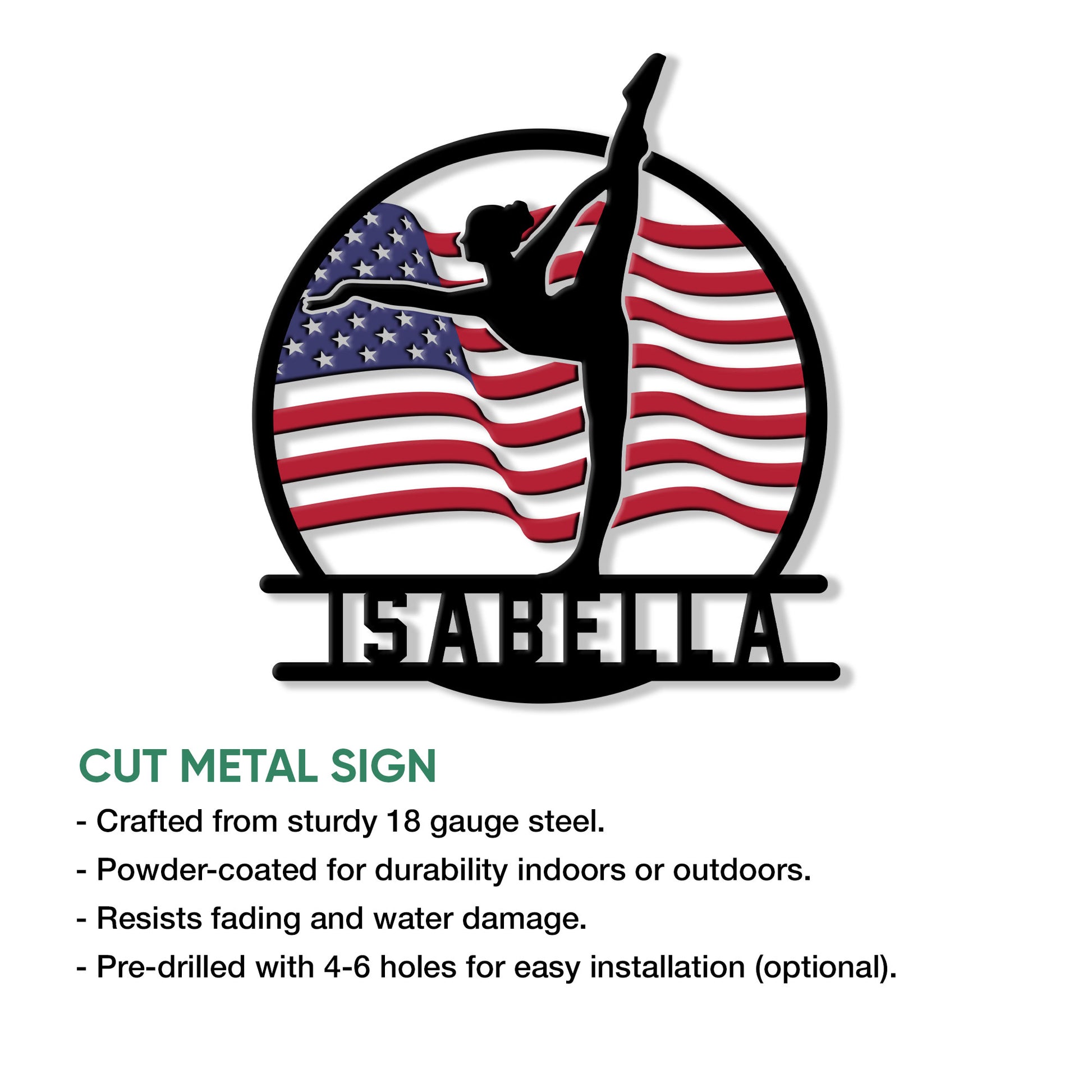 Gymnastics metal sign with an American flag backdrop and dynamic gymnast silhouette shown in a feature graphic