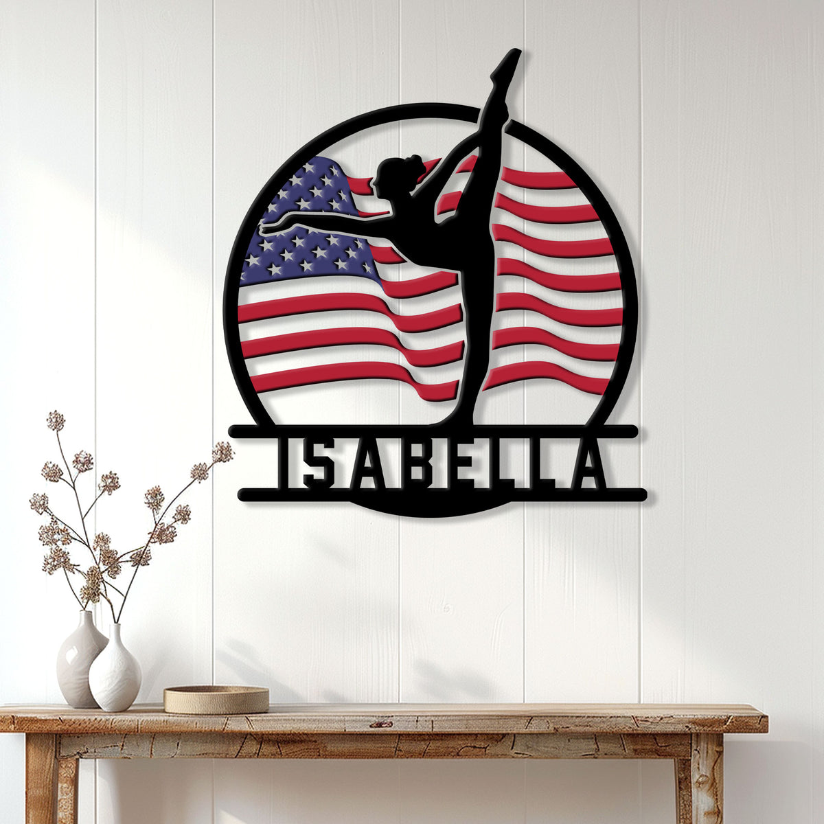Patriotic gymnast wall sign displayed on a white paneled wall above a wooden console table