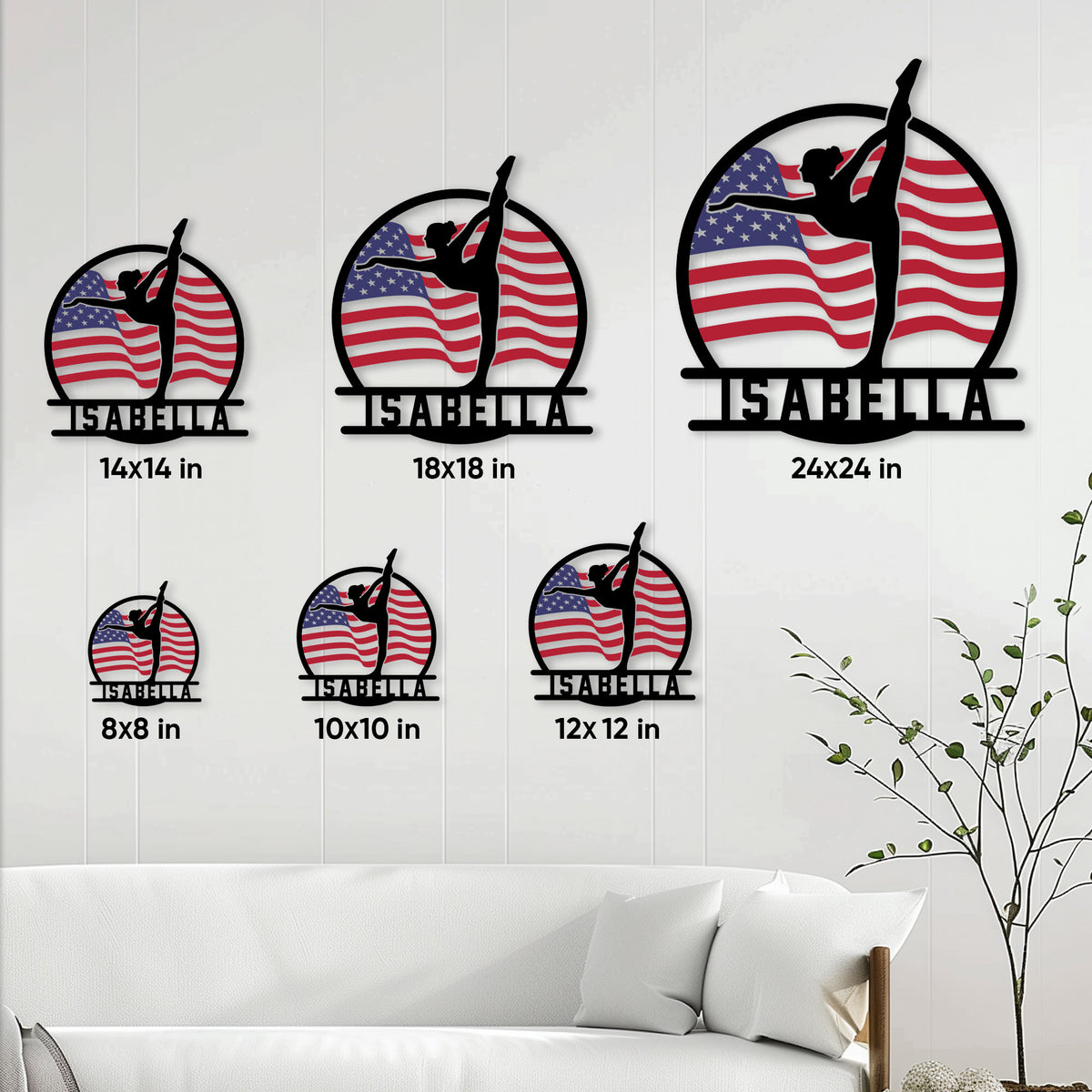 Gymnastics metal sign size guide showing available square sizes from 8x8 to 24x24 inches