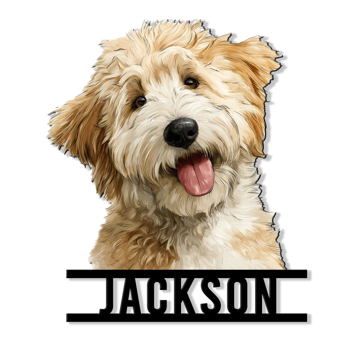 Detailed Labradoodle portrait metal sign featuring a happy shaggy dog with warm tan and cream fur