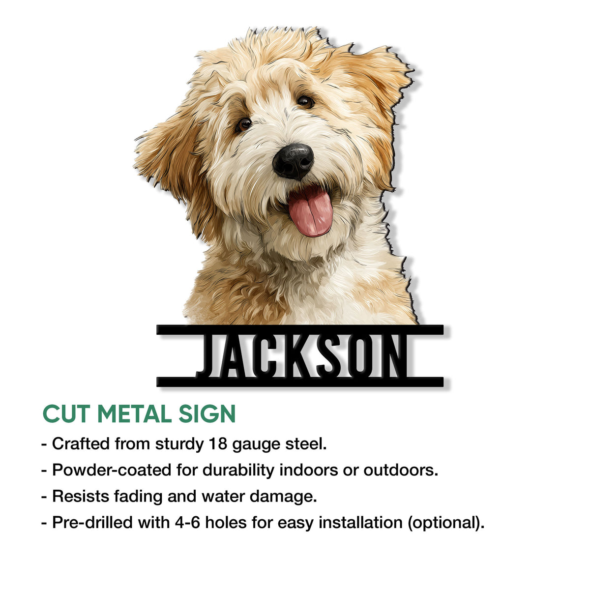 Labradoodle metal sign shown with a product feature graphic highlighting the cut-metal design