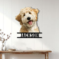 Labradoodle portrait metal sign displayed as welcoming wall decor in a bright home entryway