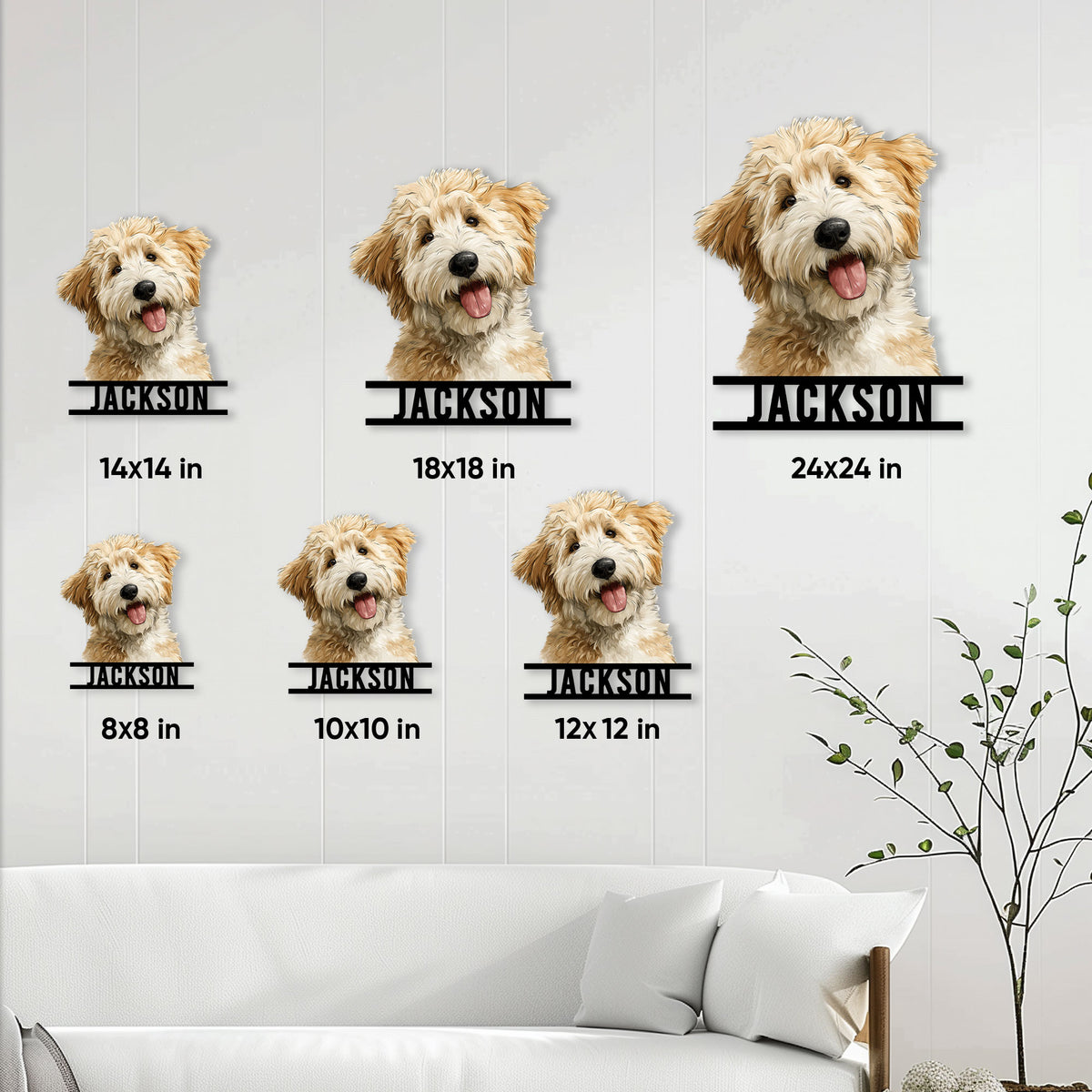 Labradoodle metal sign size guide showing multiple square size options styled on a living room wall