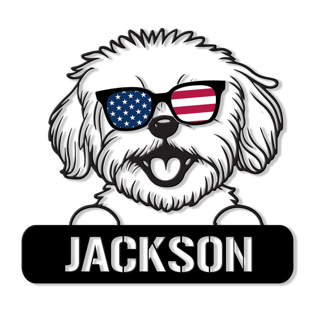 Custom Maltipoo metal sign featuring a fluffy dog wearing American flag sunglasses and a heart-shaped tag