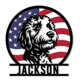 Custom Labradoodle metal sign featuring a curly-coated dog portrait framed by an American flag design