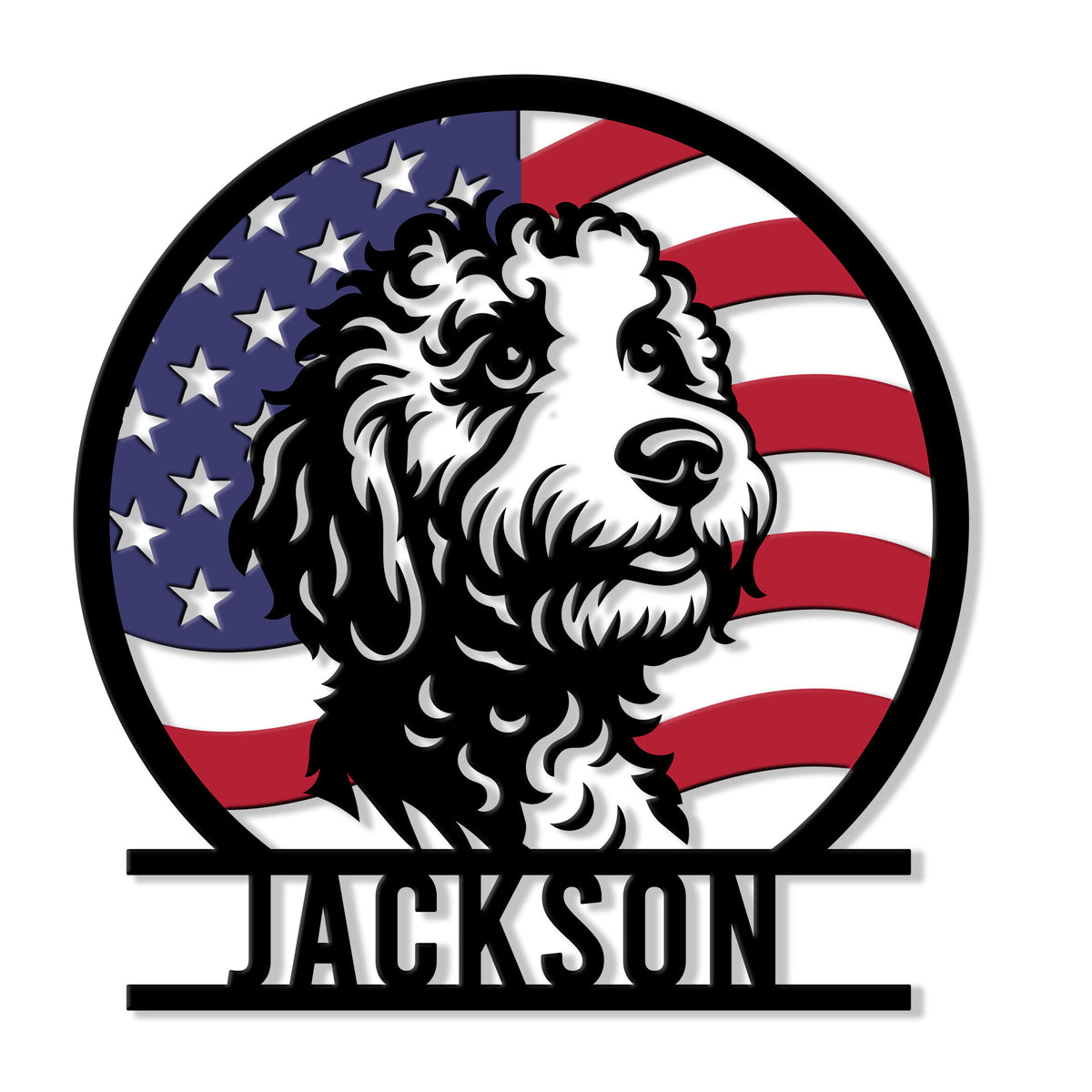 Custom Labradoodle metal sign featuring a curly-coated dog portrait framed by an American flag design