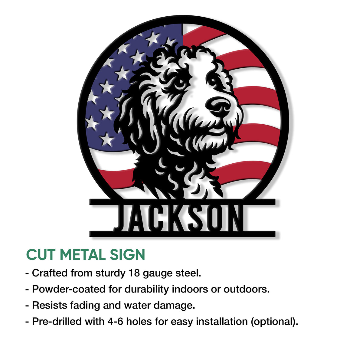 Labradoodle cut metal sign with a bold black-and-white dog portrait and patriotic flag backdrop