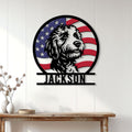 Labradoodle wall sign displayed in a bright home with an American flag-inspired background