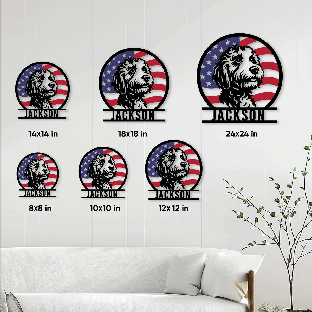 Labradoodle metal sign size guide showing six available square size options in a home setting