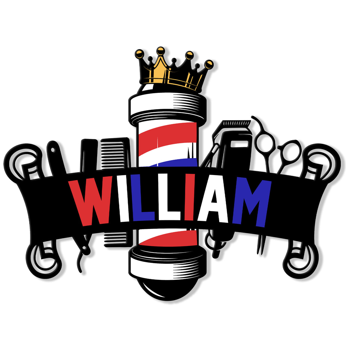 Custom barber metal sign featuring a crowned barber pole, clippers, combs, scissors, and decorative scrollwork