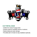 Barber shop metal sign feature graphic showing the crowned barber pole design and styling tool artwork