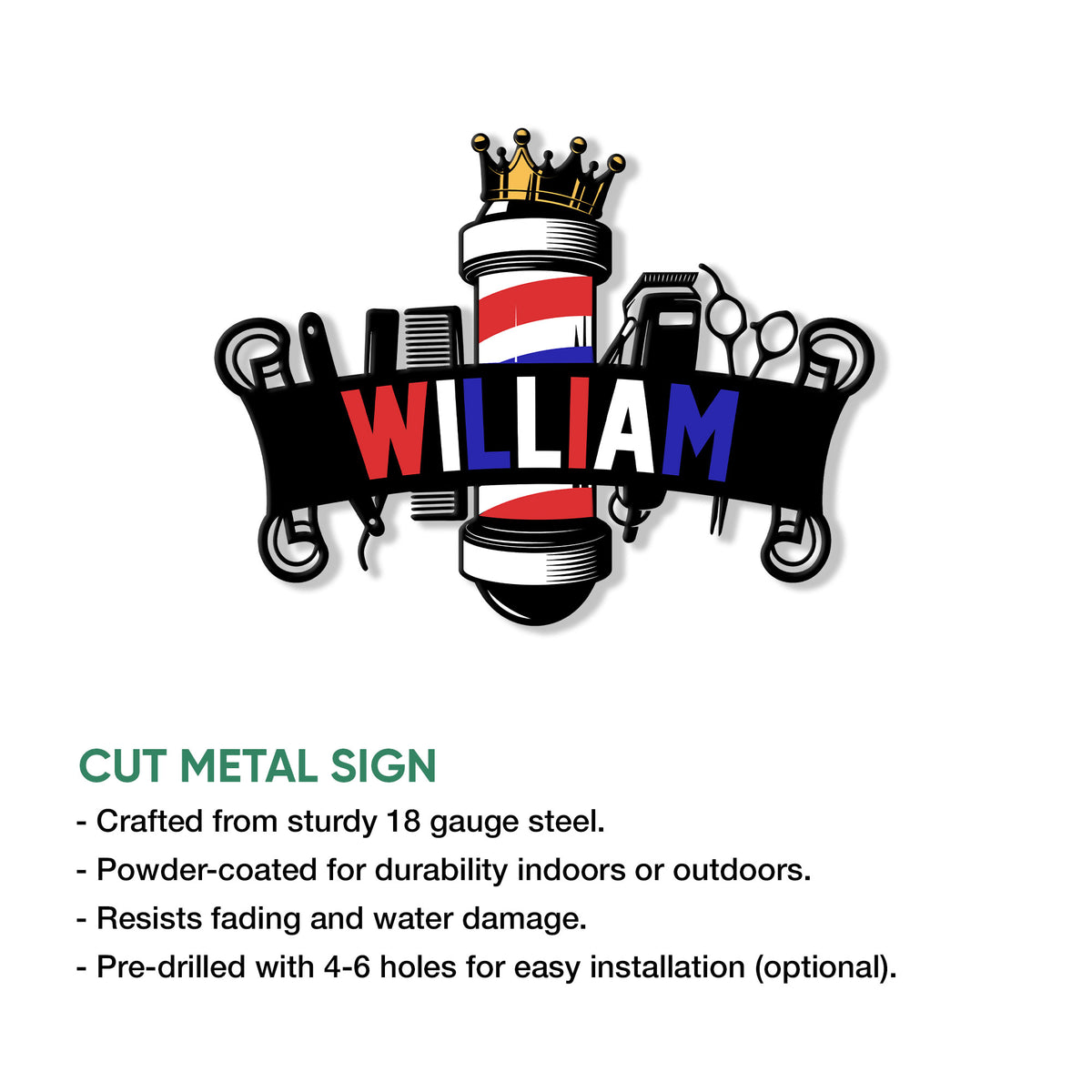 Barber shop metal sign feature graphic showing the crowned barber pole design and styling tool artwork