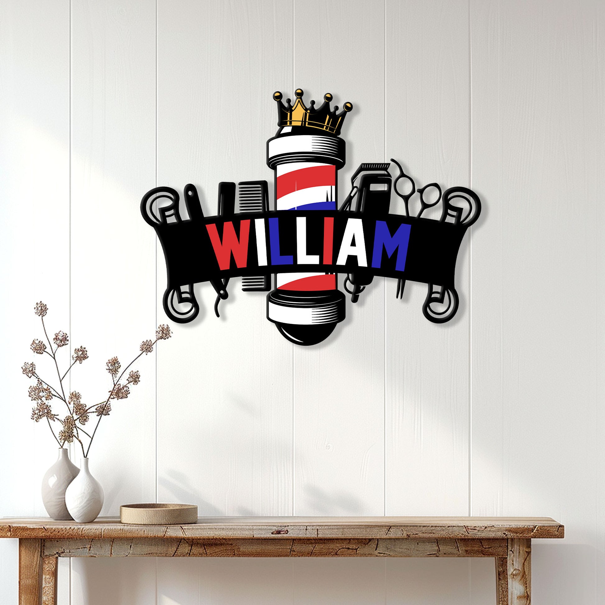 Barber metal sign displayed on a white wood wall above a console table in a bright interior