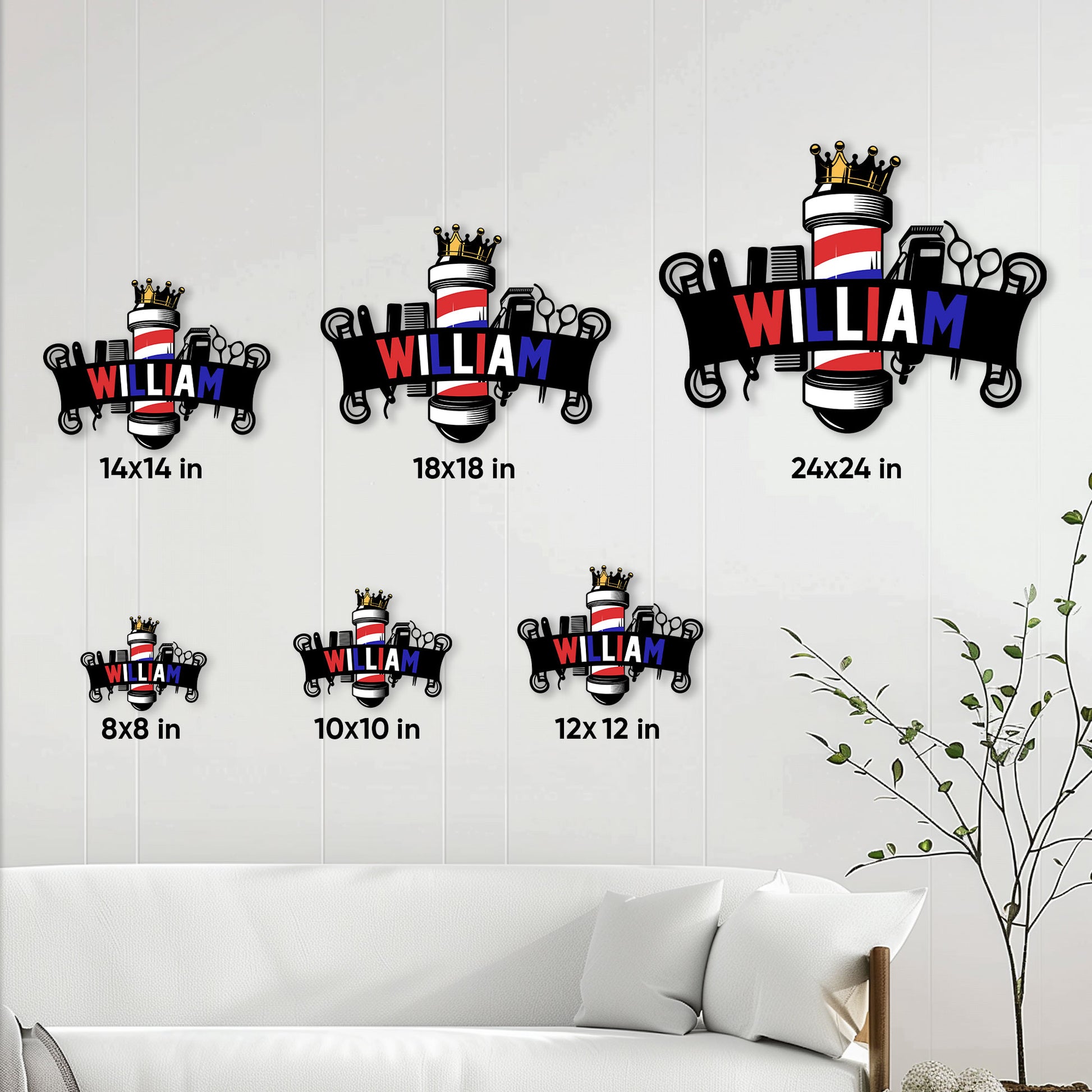 Barber wall sign size guide showing available square sizes from 8 by 8 to 24 by 24 inches