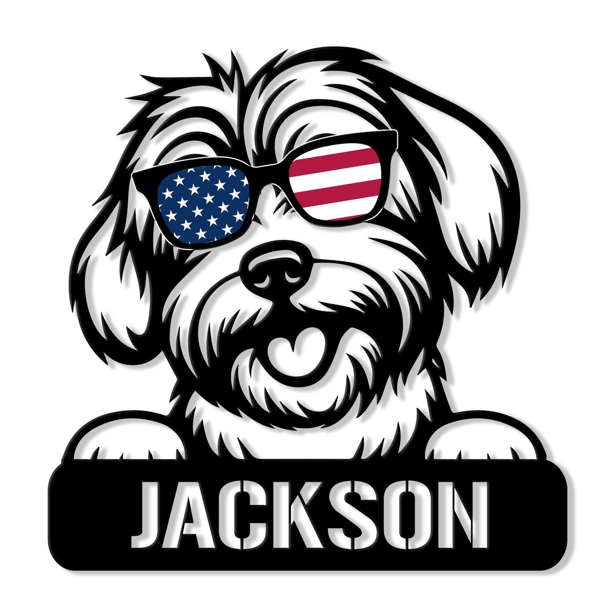 Custom Havanese dog metal sign featuring patriotic sunglasses and a heart detail