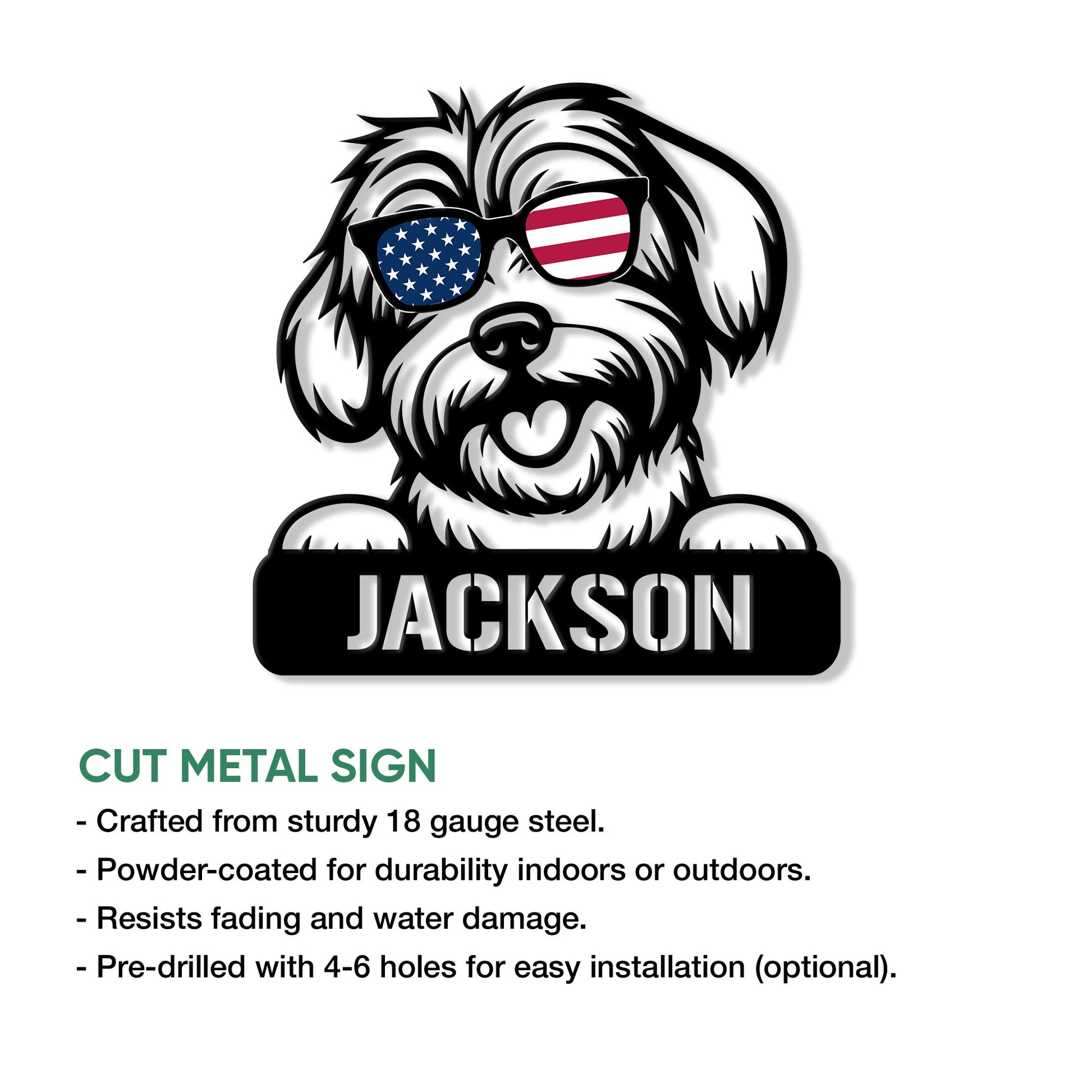 Feature graphic showing a Havanese dog metal sign with patriotic sunglasses and cut-metal construction details