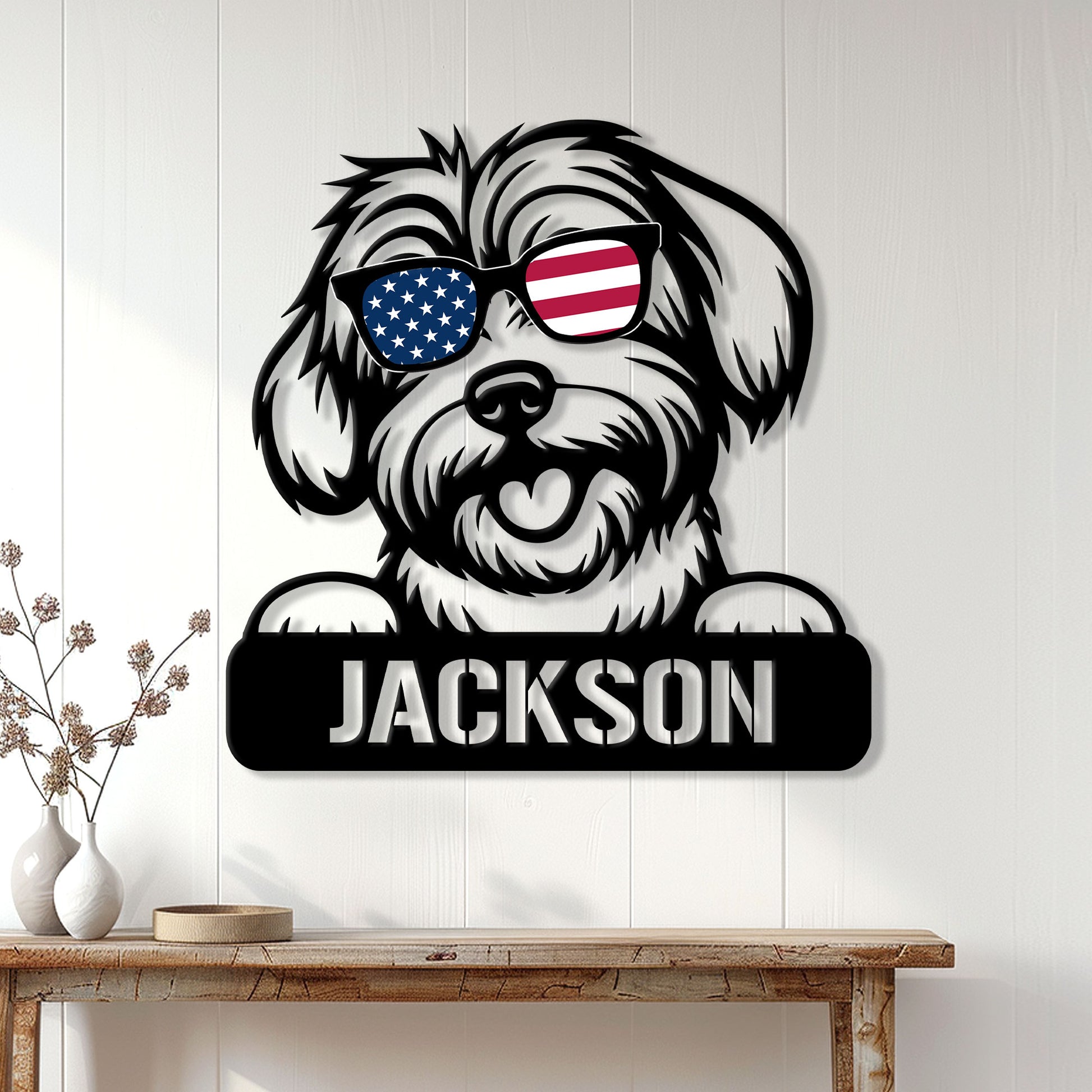 Havanese dog metal sign displayed on a white paneled wall above a console table
