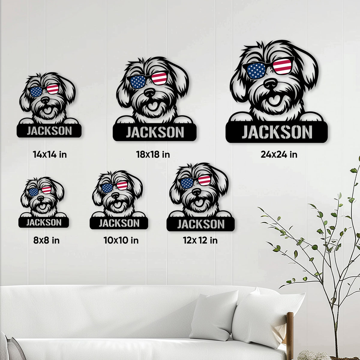Havanese dog metal sign size guide showing six square size options in a living room setting