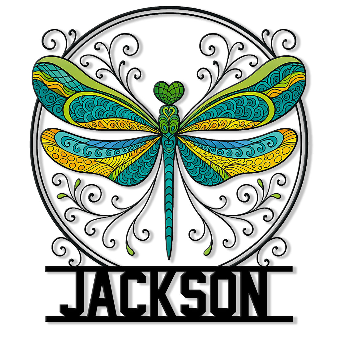 Colorful dragonfly metal sign with turquoise and yellow patterned wings, floral curls, and a custom base
