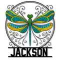 Colorful dragonfly metal sign with turquoise and yellow patterned wings, floral curls, and a custom base